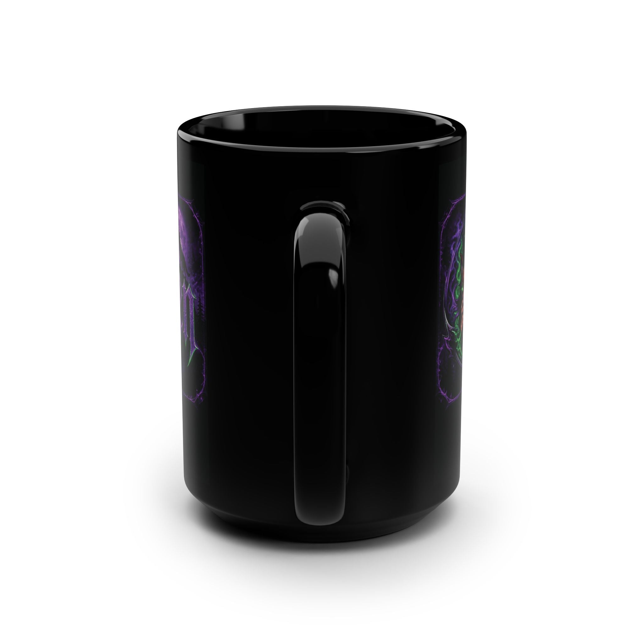 The Wolf Den 15oz Black Mug — Gothic Moonlit Wolf Coffee Cup