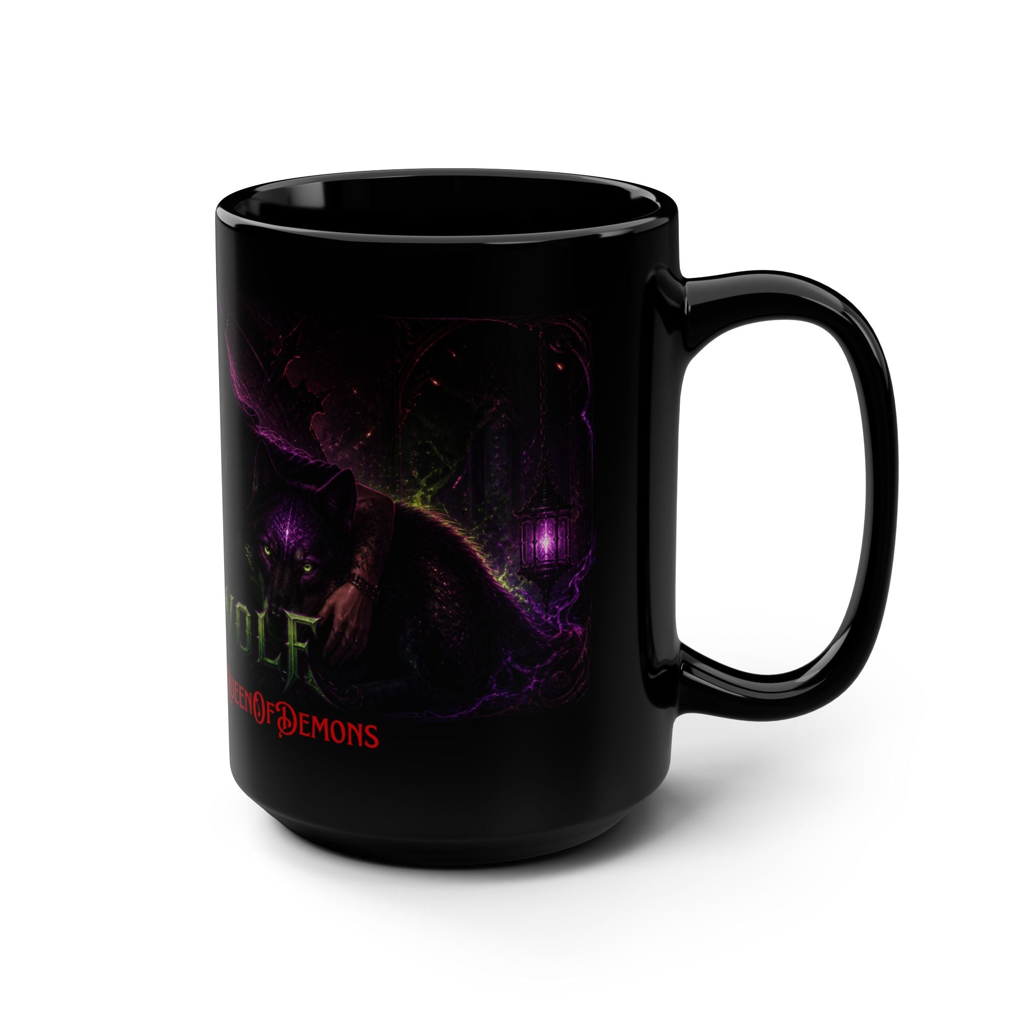 15oz Black Mug — Angel Wolf 'Queen of Demons' Gothic Fantasy Coffee Cup
