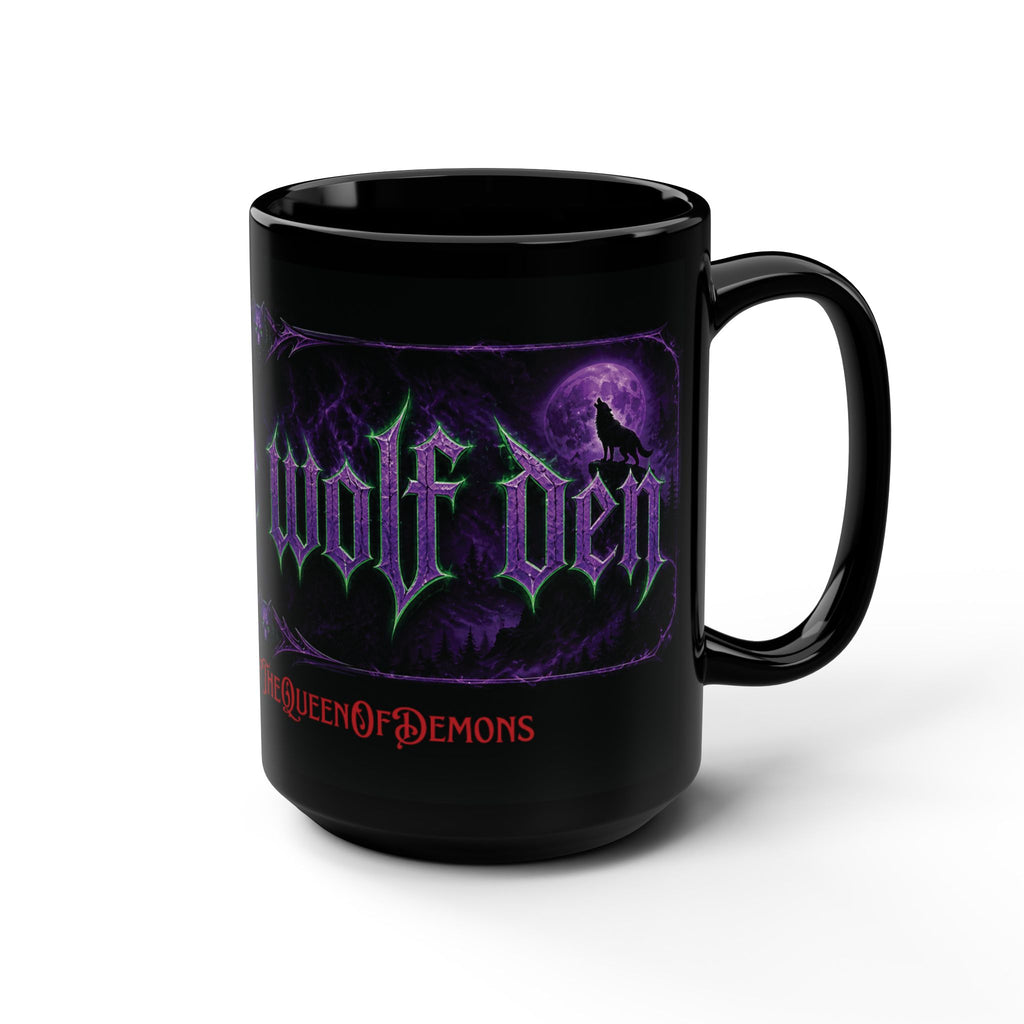 The Wolf Den 15oz Black Mug — Gothic Moonlit Wolf Coffee Cup