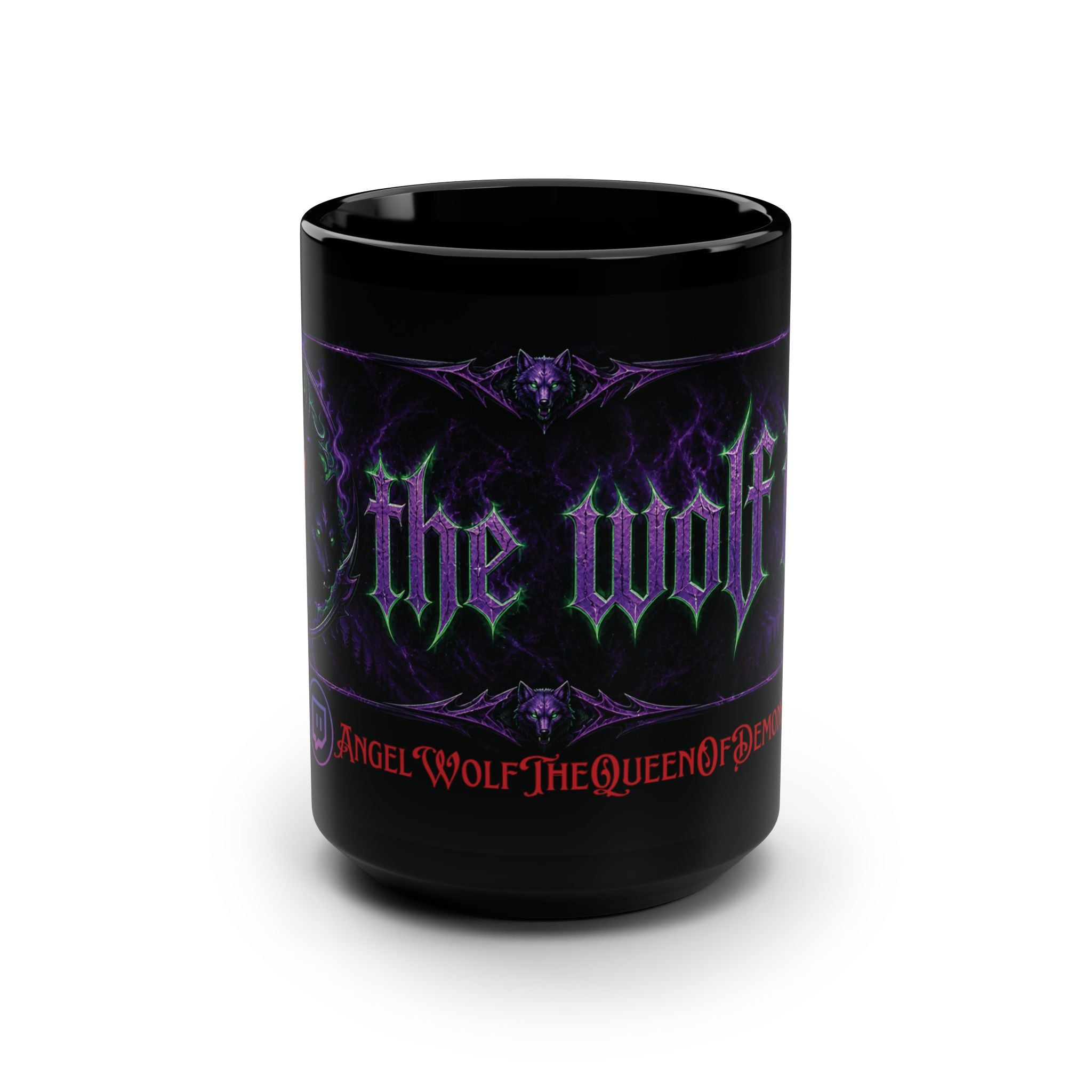 The Wolf Den 15oz Black Mug — Gothic Moonlit Wolf Coffee Cup