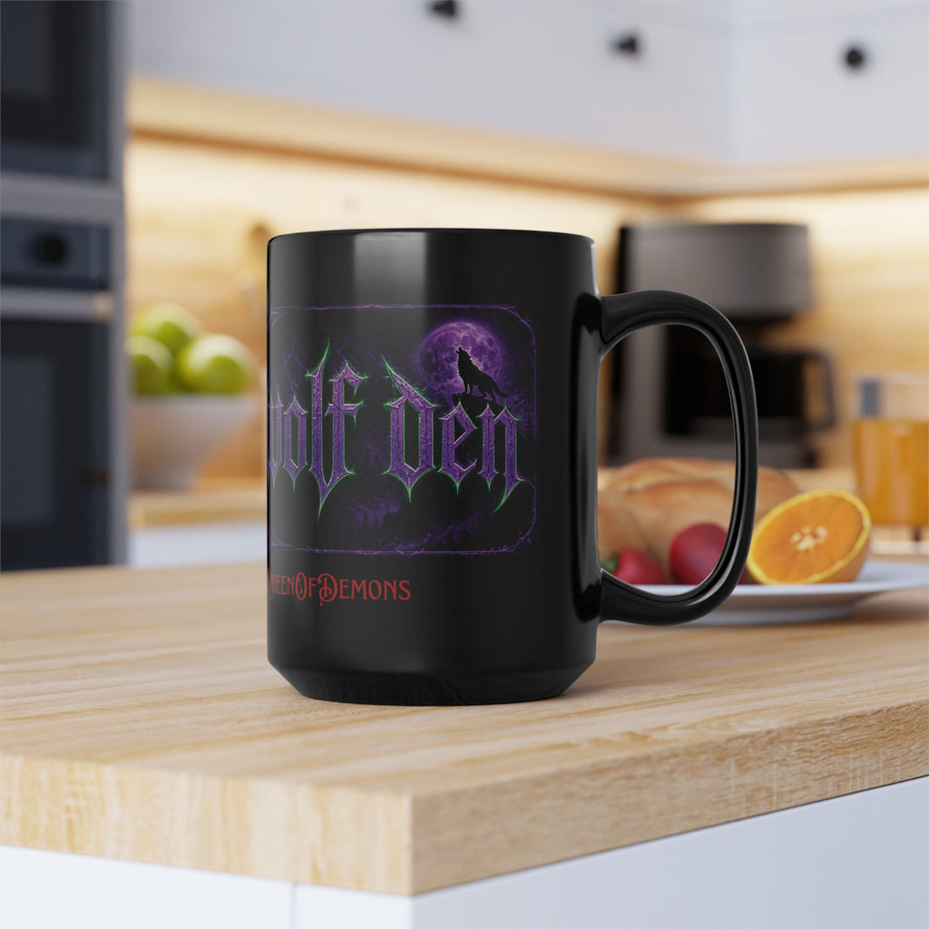 The Wolf Den 15oz Black Mug — Gothic Moonlit Wolf Coffee Cup