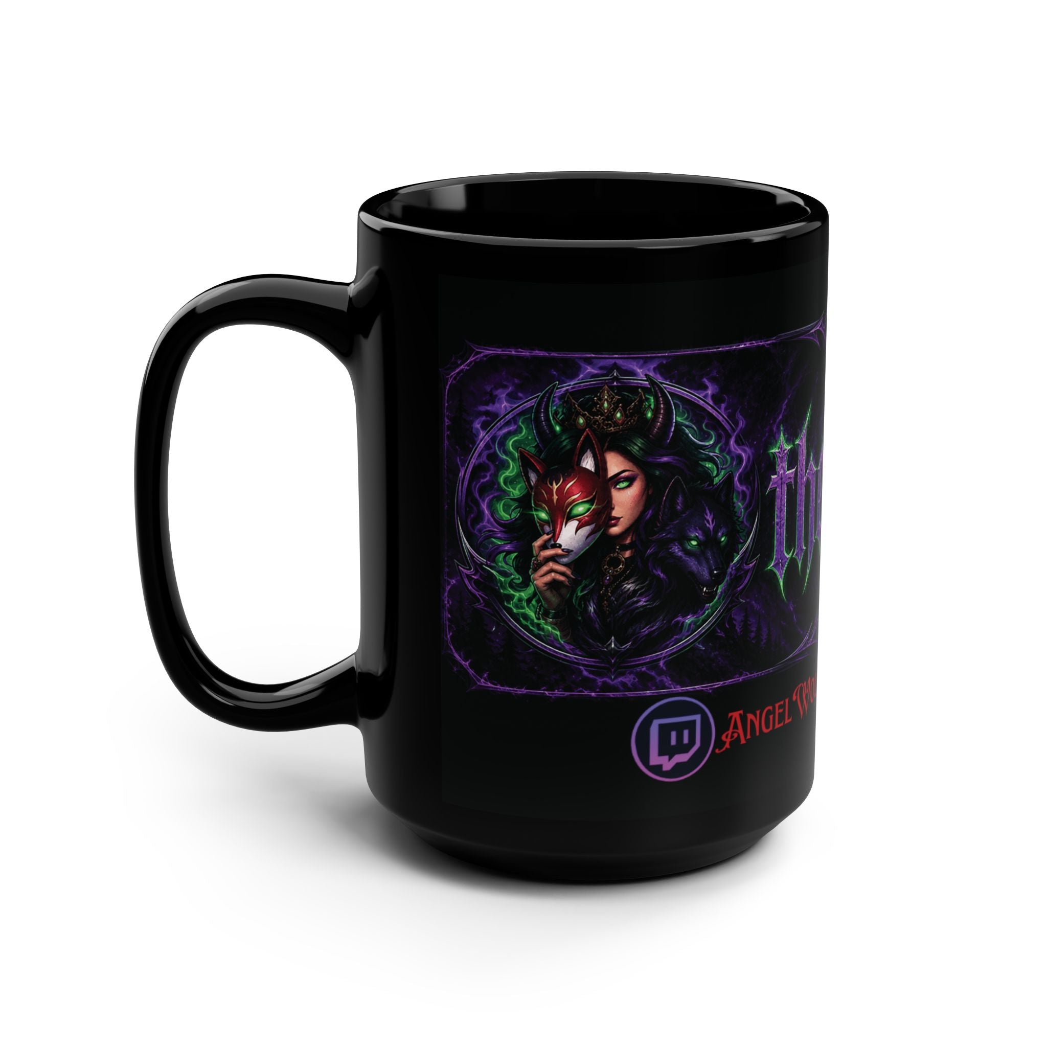 The Wolf Den 15oz Black Mug — Gothic Moonlit Wolf Coffee Cup