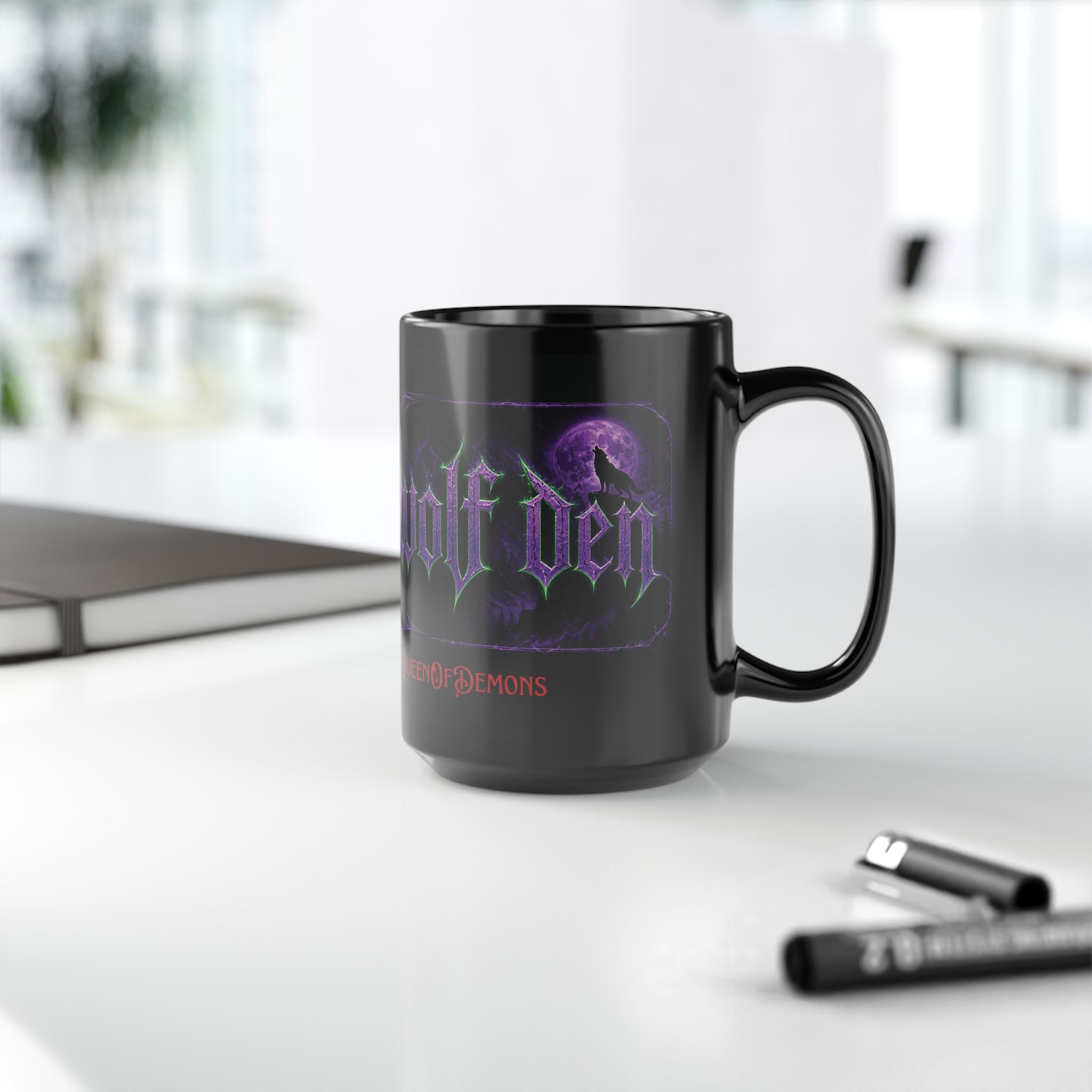 The Wolf Den 15oz Black Mug — Gothic Moonlit Wolf Coffee Cup