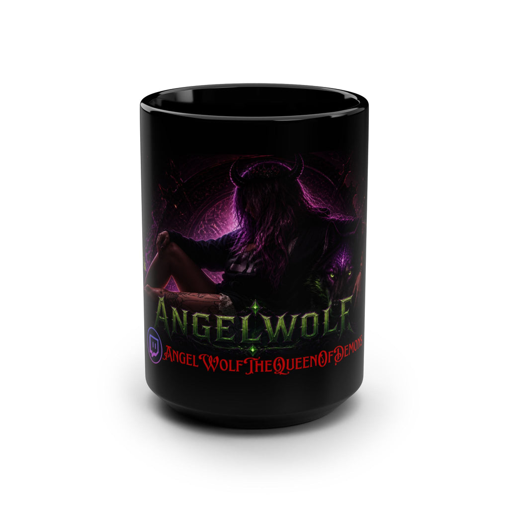 15oz Black Mug — Angel Wolf 'Queen of Demons' Gothic Fantasy Coffee Cup