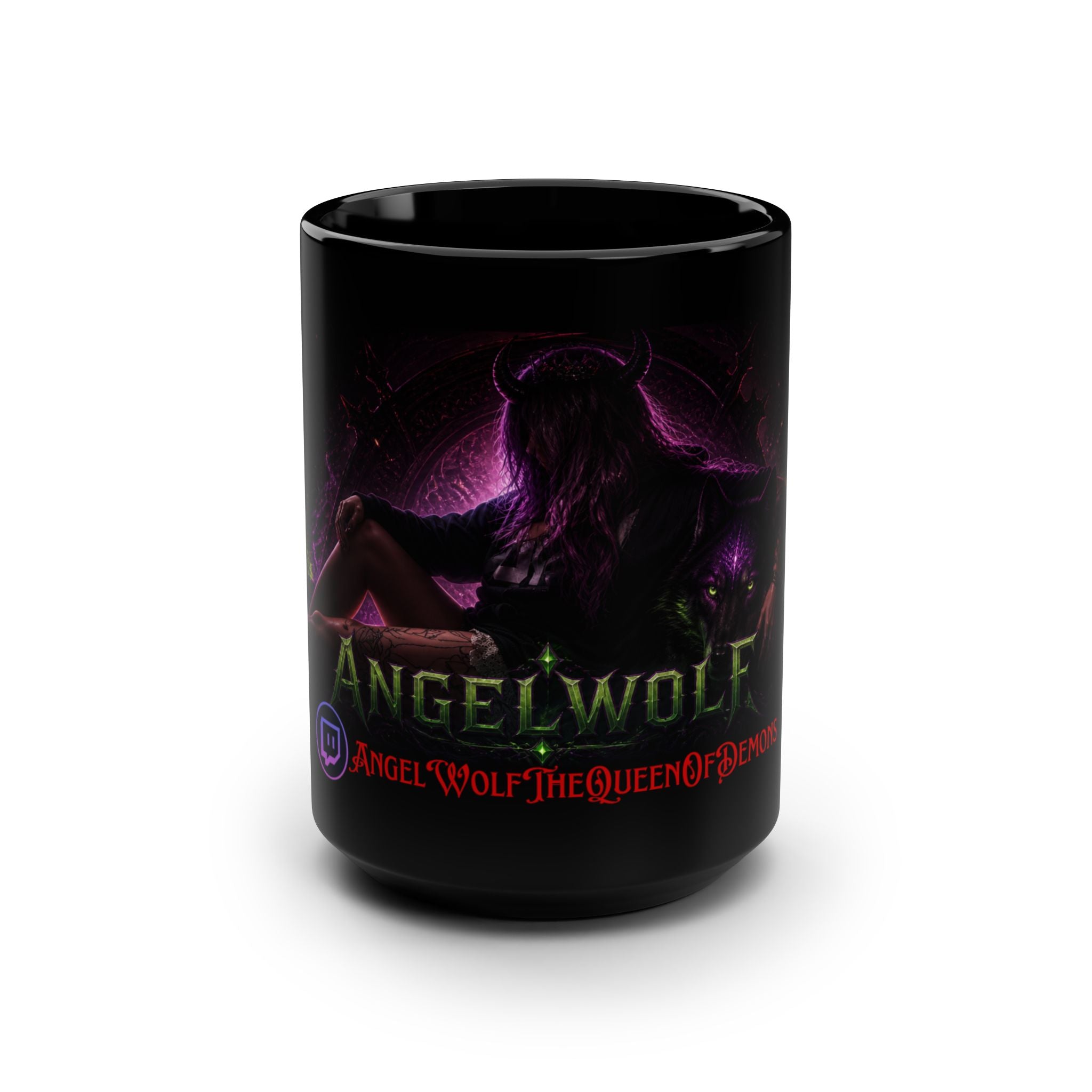 15oz Black Mug — Angel Wolf 'Queen of Demons' Gothic Fantasy Coffee Cup
