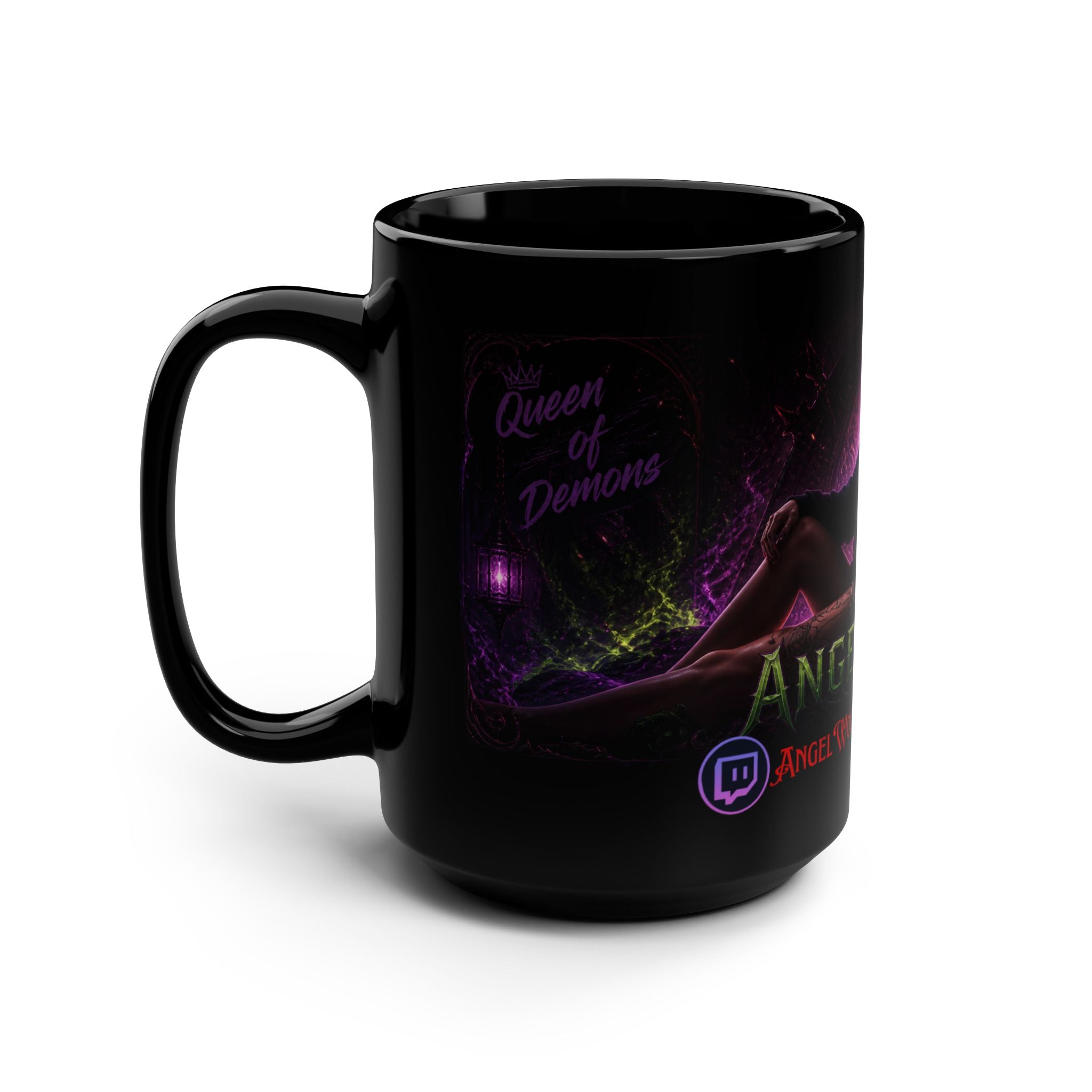 15oz Black Mug — Angel Wolf 'Queen of Demons' Gothic Fantasy Coffee Cup