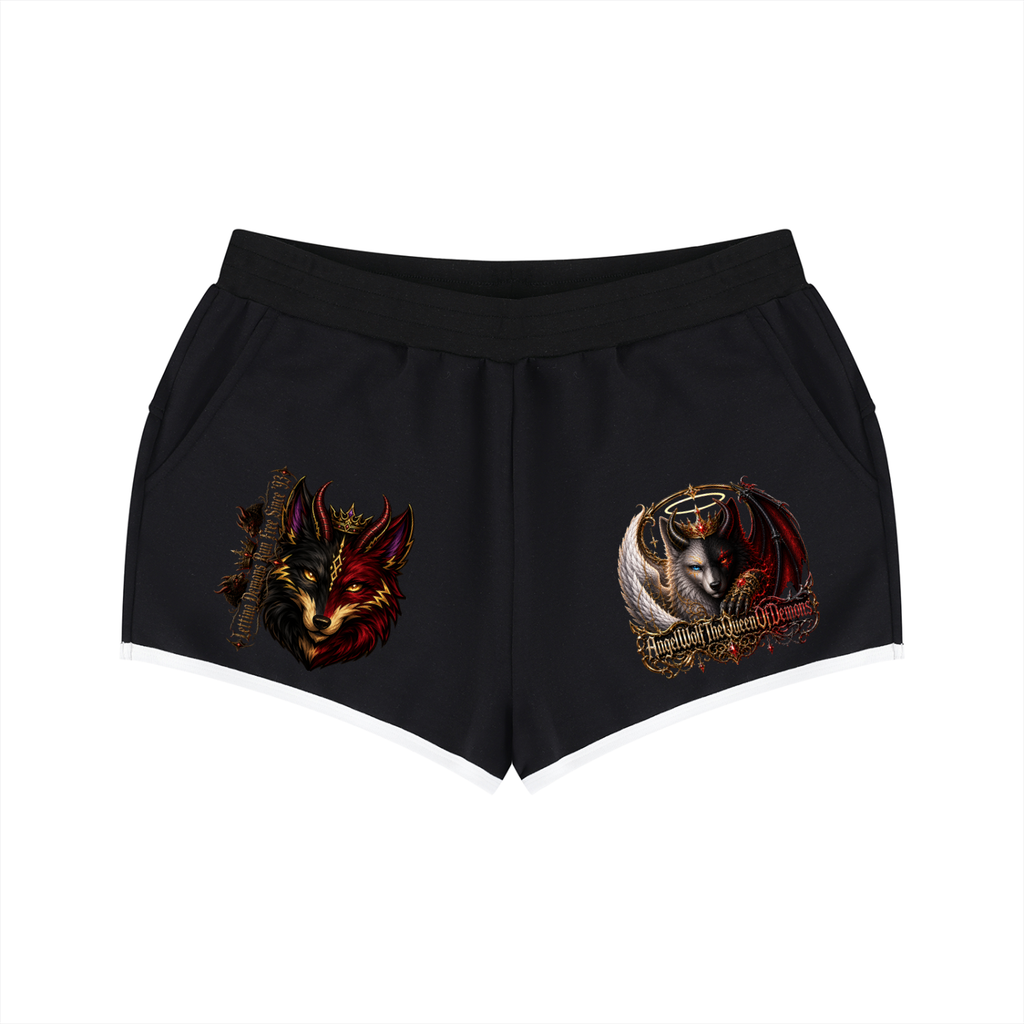 Women's Black, Red, and Gold Wolf Logo Retro Shorts "Since '93"