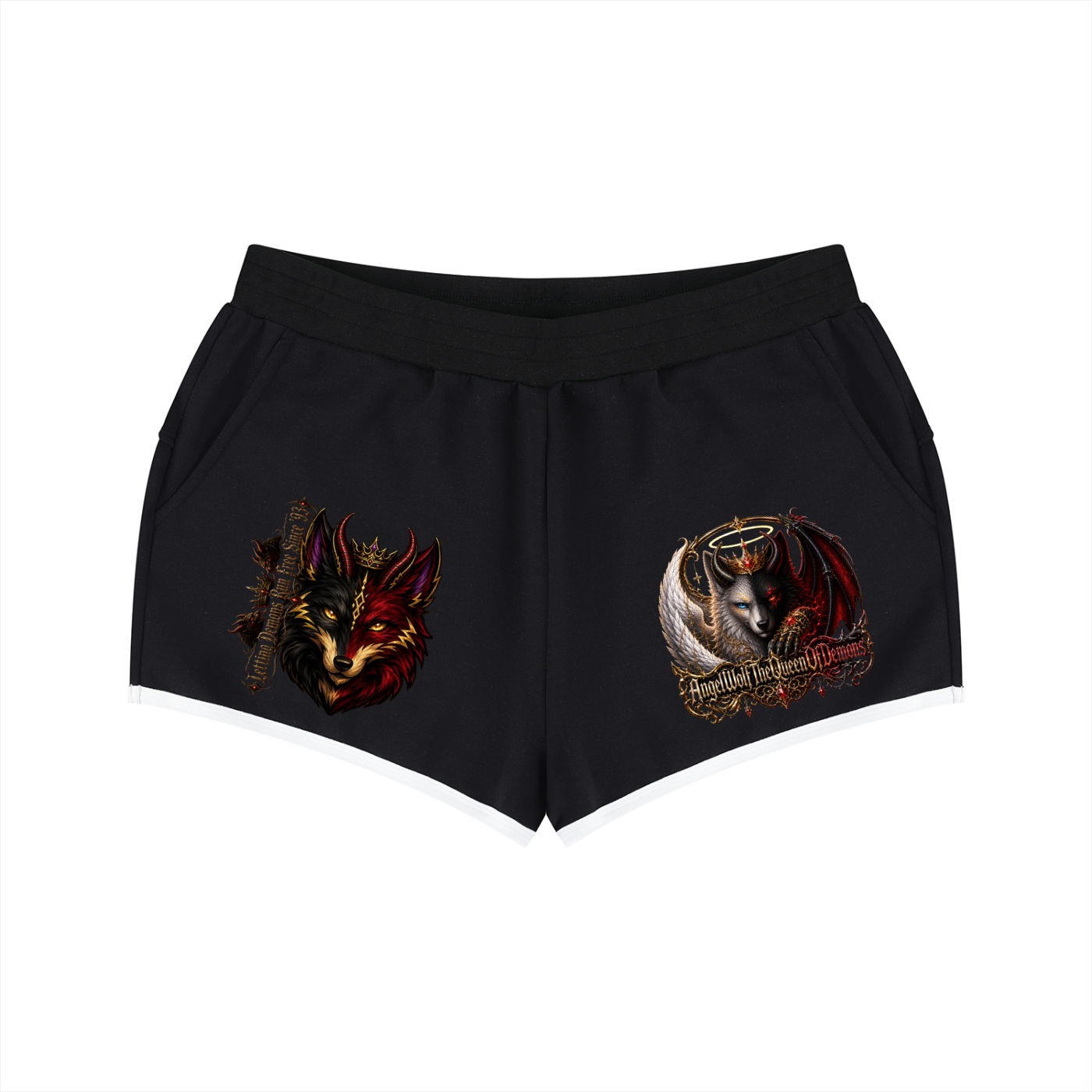 Women's Black, Red, and Gold Wolf Logo Retro Shorts "Since '93"