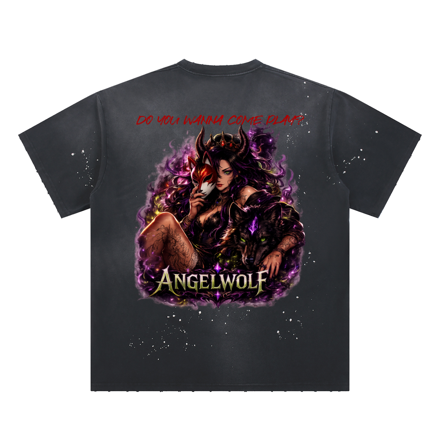 Unisex "Come Play" anime style logo Hand-Frayed Sunfade Paint Splatter T-Shirt